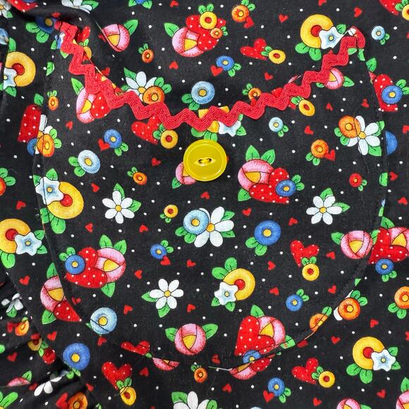 Vintage Mary Engelbreit 90s Apron Black Floral Fruit Ruffle Pocket Cotton - Picture 4 of 4